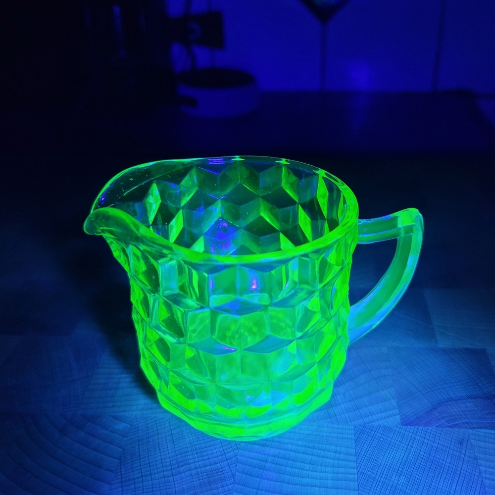 Uranium Glass Depression Glass Pitcher Creamer Cubist Pattern UV Glowing Glass - Picture 5 of 9